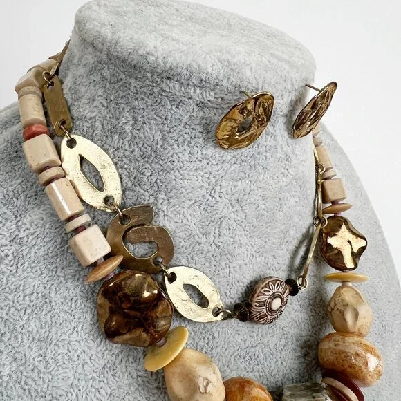 Vintage Japanese Stoneware Beaded Chunky Necklace Set Earrings Gold Stone Japan - Picture 2 of 6